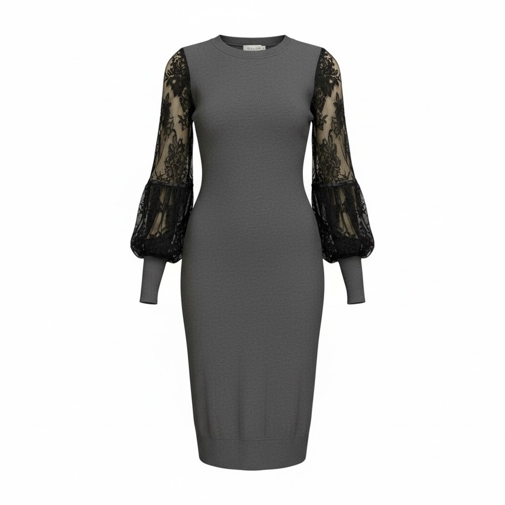 Molly Bracken  Knit‎ Dress Black Lace Balloon Sleeve Sheath Midi Women's M
